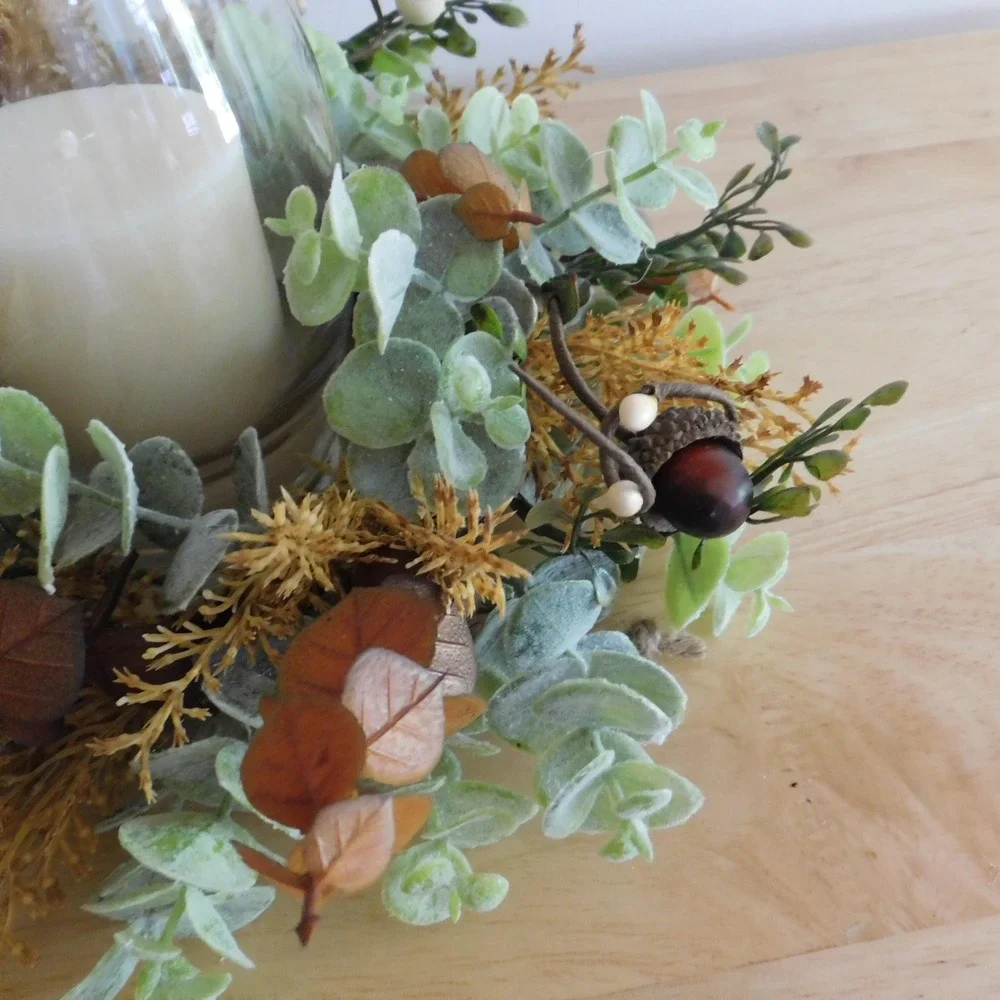 Fall Candle Ring Wreath, Mini Thanksgiving Cabinet Decor, Eucalyptus, acorns